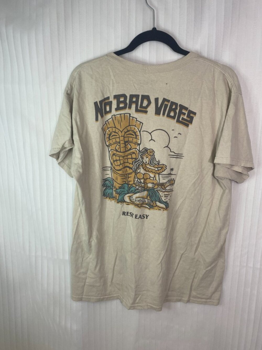 Rest Easy No Bad Vibes Graphic T Shirt Men’s Large Beige Tiki Hawaiian Beach Tee
